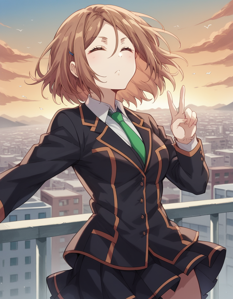 score_9, score_8_up, score_7_up, source_anime, <lora:yayoi-toba-s1-ponyxl-lora-nochekaiser_r1:1>, yayoi toba, short hair, brown hair, hair ornament, brown eyes, hairclip, medium breasts,, skirt, shirt, long sleeves, school uniform, jacket, white shirt, pleated skirt, necktie, black jacket, cardigan, green necktie, rooftop, sunset, cityscape, quiet moment, wind blowing, contemplative, , , v, v over eyes,, solo,, cowboy shot, dutch angle,