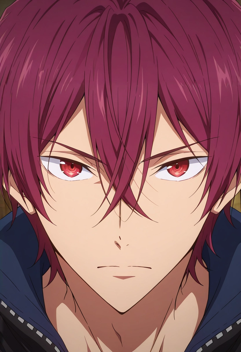 masterpiece, best quality, intricate details, anime screencap, anime coloring, official style, looking at viewer, 1boy, solo, male focus, <lora:rin_matsuoka_ilxl:0.9>, rin_matsuoka, red hair, red eyes, hair between eyes, ,