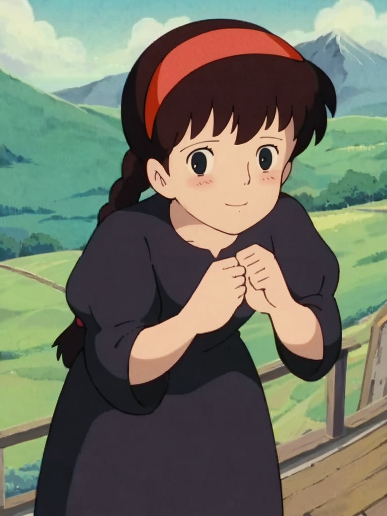 score_9, score_8_up, score_7_up, source_anime, anime_screencap, 1girl, SheetaXLP, looking at viewer, cute pose, very shy, blush, single braid, hairband, black dress, cowboy shot, brown hair, arms at side, happy, solo,  smile, (dynamic pose:1.1), cute, flat chest, cute pose, filds, vegetation, mountains, leaning forward, 
<lora:SheetaXLP_character:1> retro artstyle,
