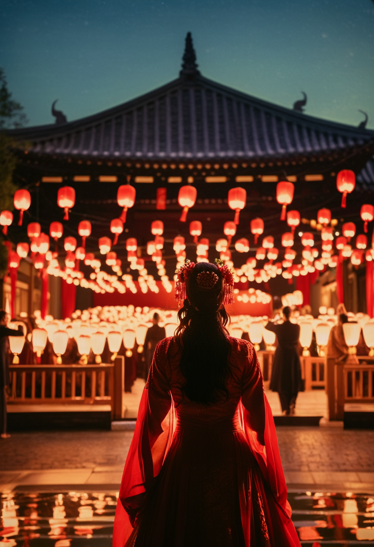 cinematic still In a courtyard during the Lantern Festival, surrounded by floating red lanterns, an asian woman in a fiery red gown swayed. Each step she took seemed choreographed with the lanterns' gentle ascent, creating a celestial dance.. emotional, harmonious, vignette, 4k epic detailed, shot on kodak, 35mm photo, sharp focus, high budget, cinemascope, moody, epic, gorgeous, film grain, grainy, cinematic, extremely fine detail, polished, complex, intricate, amazing dynamic composition, creative, elegant, perfect light, aesthetic, pretty, precious, innocent, pure, full, beautiful, dramatic, illuminated, deep, rich colors, surreal, atmosphere, bright