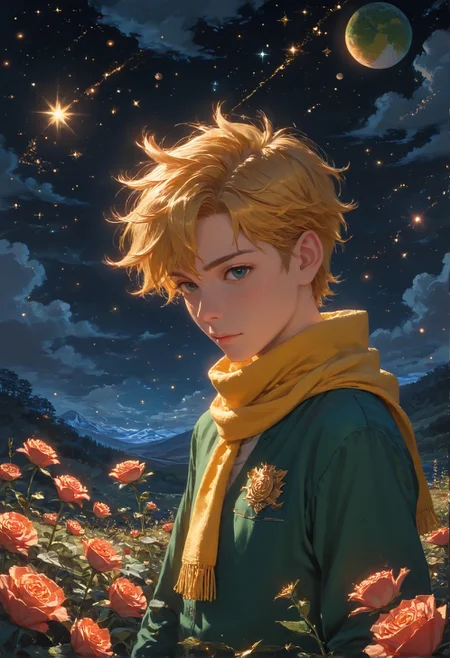 detailed background,Cinematic Lighting,film grain,score_9,score_8_up,score_7_up,zPDXL2,masterpiece,best quality,highly detailed,glowing,hand person,Expressiveh, <lora:(增强)sdxl_lightning_8step_lora:1>,<lora:glowneon_xl_v1:1>, <lora:(增强)Hands XL 4:1>,<lora:(增强)Expressive_H-000001:0.8>, <lora:Vixon\Vixon's Pony Styles Astro:0.8> , little prince, a rose, a fox, night sky, universe, yellow scarf, yellow hair, green clothes, 4str0,star \(sky\), earth \(planet\), planet,Le Petit Prince,1child