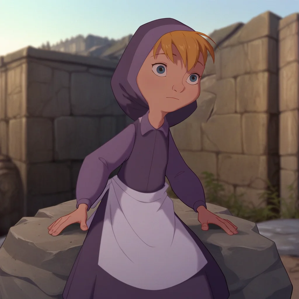score_9_up, score_8_up, BREAK, UnamedGirl, 1girl, solo, blonde hair, blue eyes, hood up, dress, white apron, sitting on rock, outdoors, depth of field, <lora:UnamedGirl_TheHunchbackOfNotreDame_PXL_Leaf1:1>