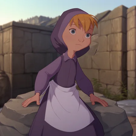 score_9_up, score_8_up, BREAK, UnamedGirl, 1girl, solo, blonde hair, blue eyes, hood up, dress, white apron, sitting on rock, outdoors, depth of field, <lora:UnamedGirl_TheHunchbackOfNotreDame_PXL_Leaf1:1>