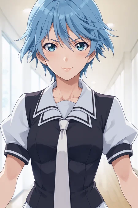 score_9, score_8_up, score_7_up, score_6_up, score_5_up, source_anime, rating_safe, indoors, 1girl, solo, looking at viewer, (dynamic pose:1.5), (upper body:1.1), fuuka akitsuki, short hair, blue hair, blue eyes, fuukasummer, school uniform, white collar, double collar, black uniform, white sleeves, short sleeves, white necktie, white skirt, pleated skirt, black kneehighs, loafers, <lora:Fuuka_Akitsuki:0.9>, <lora:age_slider_v4:2>