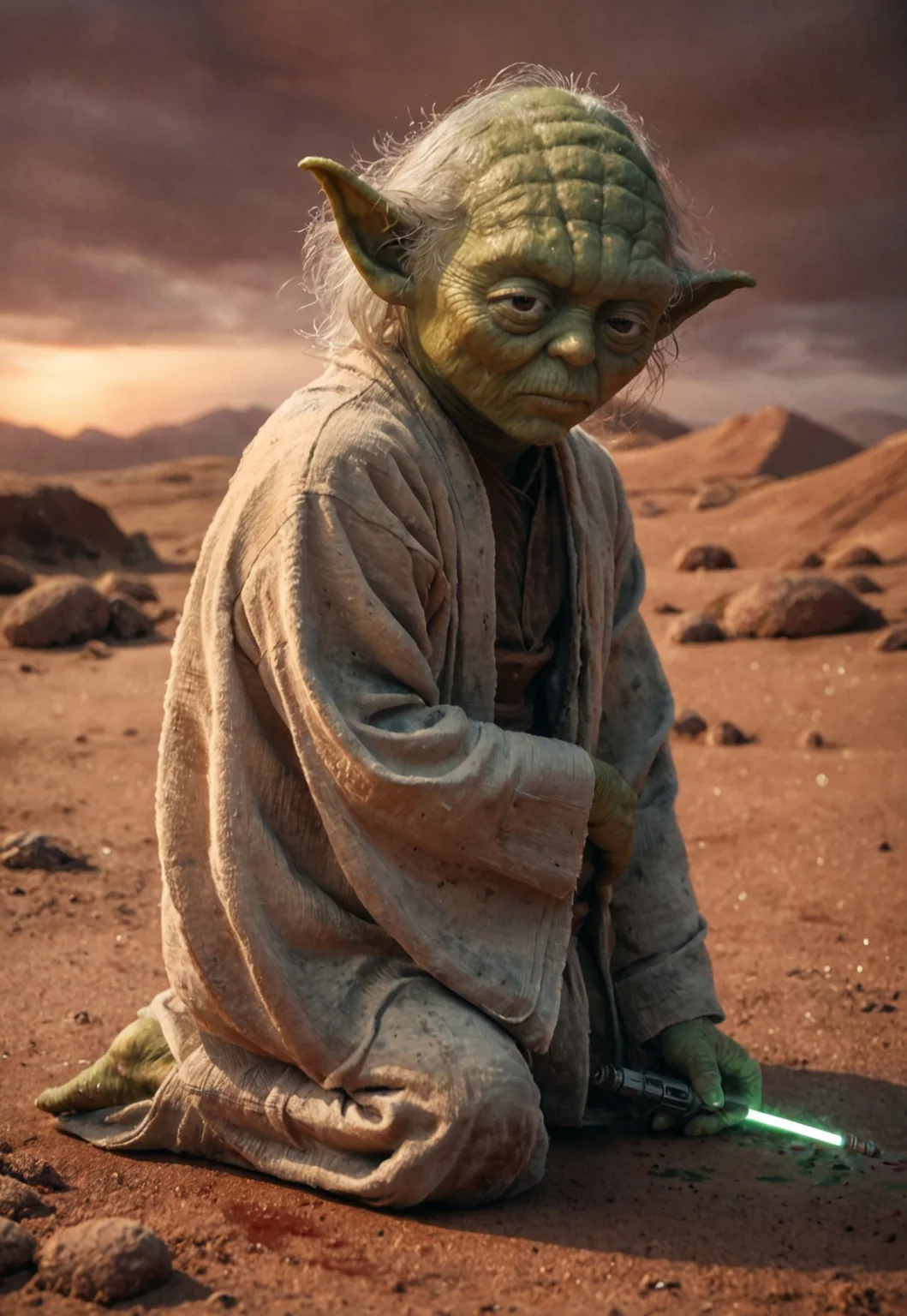 score_9, score_8_up, score_7_up, yoda, green skin, portrait, kneeling, defeated, tired, reflections, highly detailed, film grain,
old book style ink illustration of Yoda holding a lightsaber with Perfect Hands in a cyberpunk city, pose inspired by Boris Vallejo, brushwork echoing Carne Griffiths, realistic, lifelike, on parchment, (((ink splashes, ink stains, ink smears, faded ink))), (futuristic:1.5) desert, tatooine, galaxy, lucasfilms, glass, sun, in the clouds, futuristic round roofed adobe desert dwellings, fractals, sunrise, moody tones, mentixis, linquivera, movie poster, star wars vibes, (((watercolor style with strong washes)))