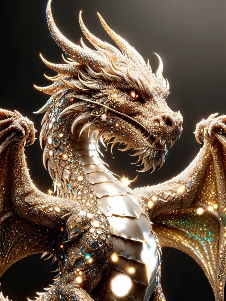 gleaming diamond dragon with golden accents, radiating light, amidst brilliance, symetrical hyperdetailed texture, pearl filigree, concept art, artstation, perfect composition, masterpiece, glittering professional photography, macro, natural lighting, canon lens, shot on dslr 64 megapixels sharp focus ethereal <lora:ral-glitter:1> ral-glitter