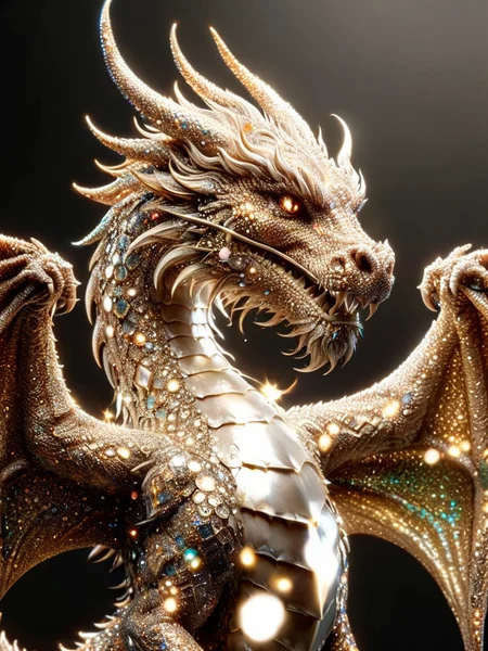 gleaming diamond dragon with golden accents, radiating light, amidst brilliance, symetrical hyperdetailed texture, pearl filigree, concept art, artstation,  perfect composition, masterpiece, glittering professional photography, macro, natural lighting, canon lens, shot on dslr 64 megapixels sharp focus ethereal <lora:ral-glitter:1> ral-glitter