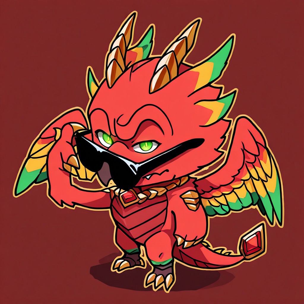 Yharon, golden horns, tail, dragon, bird, claws, no human, 4 eyes, feathered wings, talons, sharp teeth, intricate wing details, red and gold scales, glowing emerald eyes, large fiery wings with orange and green feathers, mikus-concept, sunglasses, standing, confident pose, raised eyebrow, chibi