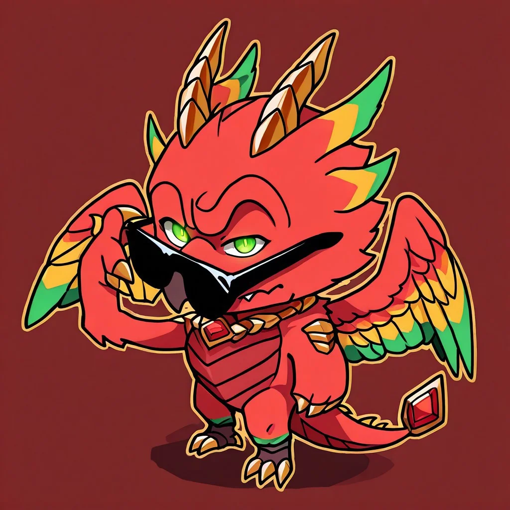 Yharon, golden horns, tail, dragon, bird, claws, no human, 4 eyes, feathered wings, talons, sharp teeth, intricate wing details, red and gold scales, glowing emerald eyes, large fiery wings with orange and green feathers, mikus-concept, sunglasses, standing, confident pose, raised eyebrow, chibi