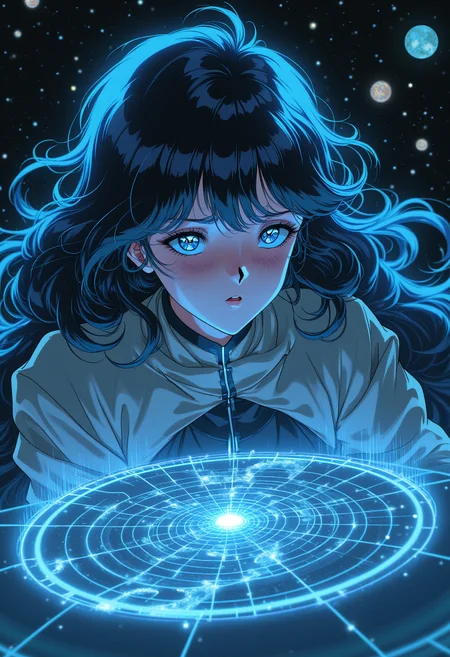 anime retro style, close up girl, A celestial being with nebula-inspired hair floats amidst cryogenic mist, her solar sail-like dress shimmering in charcoal gray hues as she gazes upon a holographic map projected from a binary planet system's dual suns. The air is charged with temporal energy, and her eyes burn with midnight blue intensity as she navigates the cosmos., modernretroanime