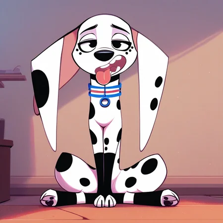 hi res, best quality, (source_cartoon), Score_9, score_8, score_7, best anatomy, Solo, 1girl, feral, dog, dog girl, dalmatian, female furry, white and black fur, black spots, short tail, long ears, dog ears, black eyes, collar, open mouth, tongue out, sitting, looking at viewer, living room background