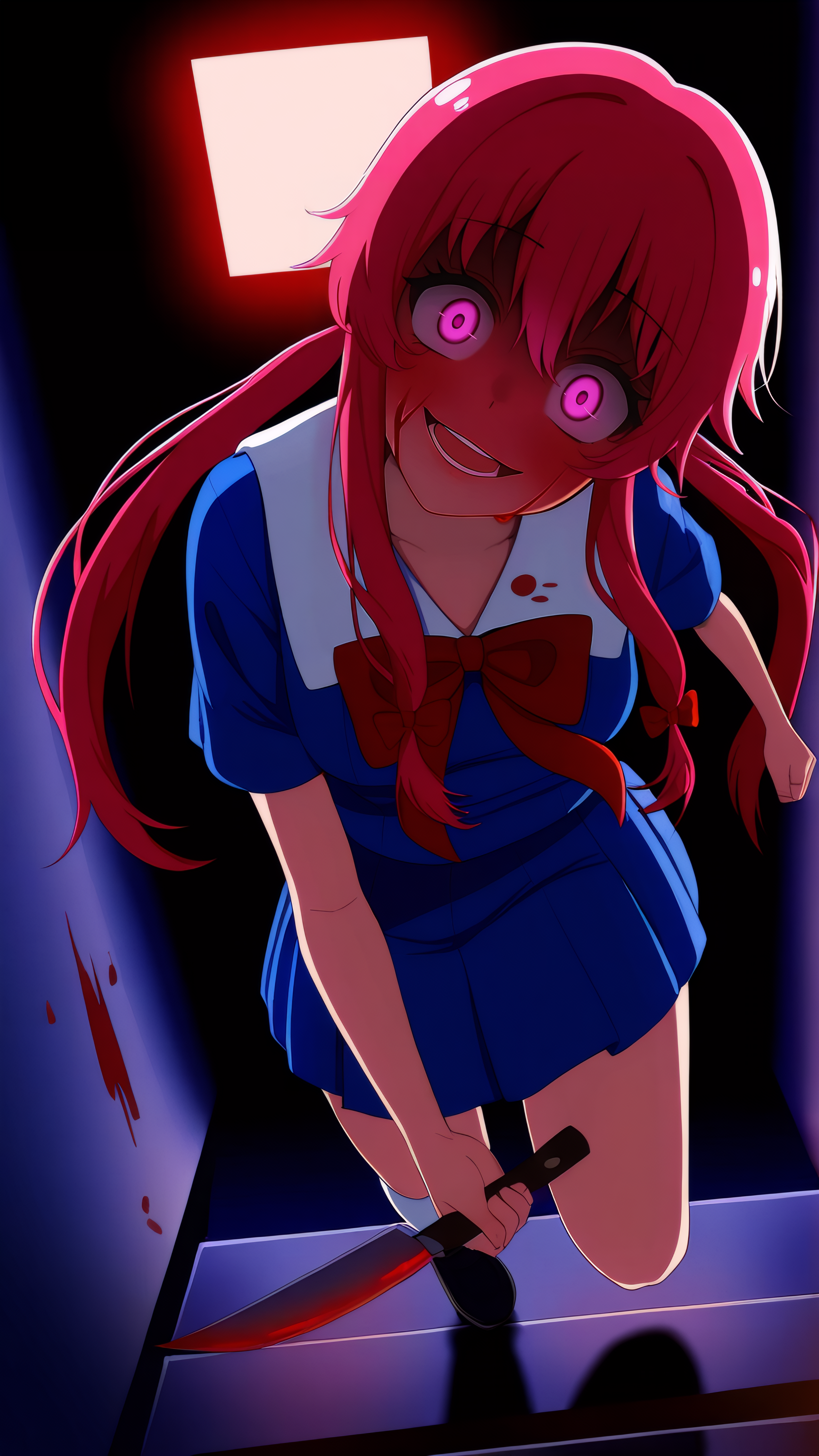 masterpiece, best quality, very aesthetic, absurdres, BREAK, 1girl, looking at viewer, full body, 
<lora:Yuno_Gasai_Illu_Dwnsty:1>, yuno_gasai, pink eyes, pink hair, long hair, low twintails, sidelocks, red hair bow, yandere, school uniform, blue shirt, blue skirt, pleated skirt, serafuku, red bowtie, white socks, kneehighs, black footwear, 
medium breasts, crazy eyes, crazy smile, blood on face, blood on clothes, holding knife, kitchen knife,  wide-eyed, glowing eyes, glowing weapon, reflection, running, dynamic pose, 
night,  horror \(theme\), indoors, stairs, crawling, backlighting, dark theme, head tilt, kneeling,