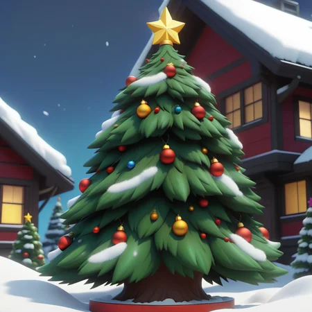 1 a complete christmas tree,in the snow,no animals,<lora:Christmas tree_XSE_V1-000004:1.2>,in the style of temmie chang,in the style of realistic and hyper-detailed renderings,strong diagonals,colorful illustrations,2D game art,black outline,3D rendering,4k resolution,best Quality,