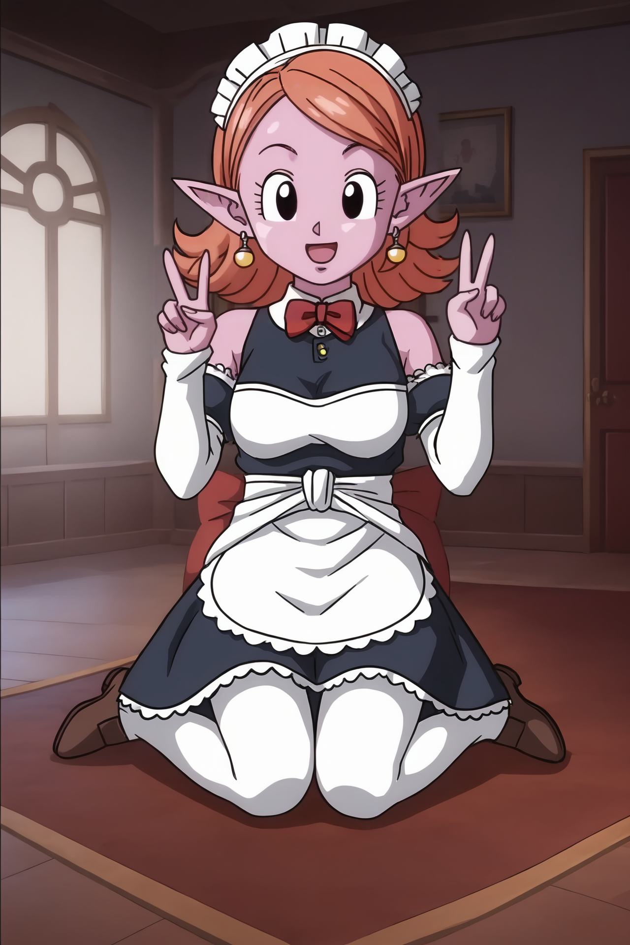 source_anime, score_9, score_8_up, score_7_up, anime screencap,8k, absurdres, chronoa, 1girl, solo, bare shoulders, potara earrings, orange hair, pointy ears, black eyes, colored skin, purple skin, official style, maid headdress, maid, thighhighs, double v, happy, indoors, mansion, sitting,  
 <lora:chronoa_pony_v2:0.8>