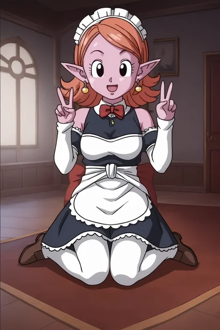 source_anime, score_9, score_8_up, score_7_up, anime screencap,8k, absurdres, chronoa, 1girl, solo, bare shoulders, potara earrings, orange hair, pointy ears, black eyes, colored skin, purple skin, official style, maid headdress, maid, thighhighs, double v, happy, indoors, mansion, sitting,
<lora:chronoa_pony_v2:0.8>
