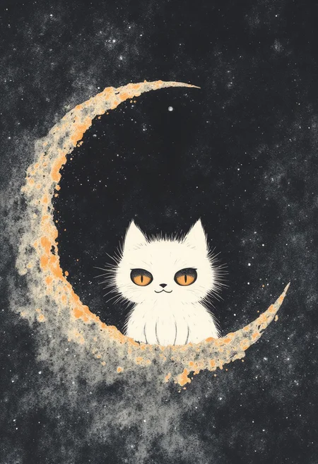 This is a highly detailed, Studio Ghibli Dark Fairytale  gritty graphic illustration featuring a small, fluffy white distressed kitten with large, expressive evil  orange eyes. The kitten is positioned centrally, sitting on the edge of a crescent moon, which is realistically textured with craters and gray tones. The moon and kitten are illuminated by a soft, warm orange glow that casts gentle shadows and highlights, giving the scene a dreamy, ethereal quality. The background is a smooth, dark gray with subtle, swirling patterns that resemble cosmic dust or nebulae, adding depth and a sense of movement. The composition follows the rule of thirds, with the evil kitten and moon occupying the upper third of the image, drawing the viewer's eye directly to the cute and curious expression of the kitten. The overall style is depressing and fantastical, with a focus on soft textures and warm lighting, creating a sense of fear and horror