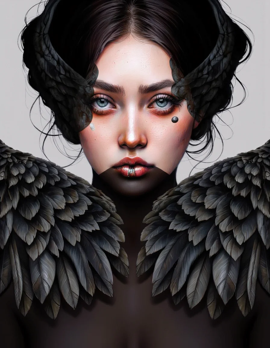 By Laura H. Rubin. A highly detailed digital artwork featuring a close-up portrait of a woman with an ethereal, almost otherworldly aesthetic. The subject's face is partially obscured by large, dark, feathery wings that wrap around her head and shoulders, casting dramatic shadows and adding a sense of mystery. Her skin is pale, with a slight sheen, and she has striking, almond-shaped eyes with a hint of green and a dramatic, winged eyeliner. Her lips are full and painted a deep, rich red, with a small, silver piercing on her lower lip.
Her nose is adorned with a small, silver nose ring, and her cheeks have a few freckles. She wears a black, form-fitting top, which contrasts sharply with the dark feathers, adding to the dramatic effect. The background is a simple, light gray, ensuring that the focus remains on the subject. The lighting is soft and directional, highlighting the texture of the feathers and the smoothness of her skin. The overall style is a blend of realism and fantasy, with a focus on detailed textures and shadows, creating a visually striking and evocative image. <lora:Laura_H._Rubin_II:0.8>