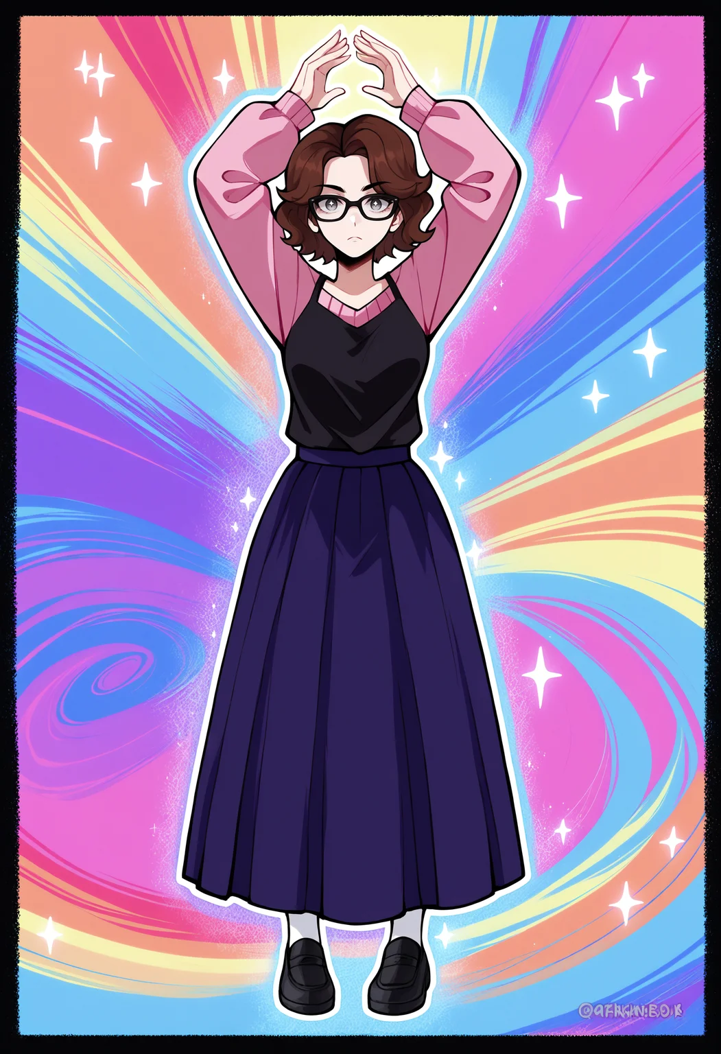 score_9, score_8_up, score_7_up, score_6_up, score_5_up, score_4_up,
BREAK
1girl, olivia funger, brown hair, short hair, black-framed eyewear, grey eyes, wavy hair, expressionles,
BREAK
standing, black camisole, pink sweater, sweater under shirt, purple skirt, long skirt, black loafers, white socks, arms up, stars, sparkles, rainbows, magic,
BREAK
rainbow background, multicolored background, colorful, dynamic pose, dark, <lora:Lunas-Artsheops-SDXL-A1:1> <lora:Lunas-Olivia-Funger-SDXL-A1:1>