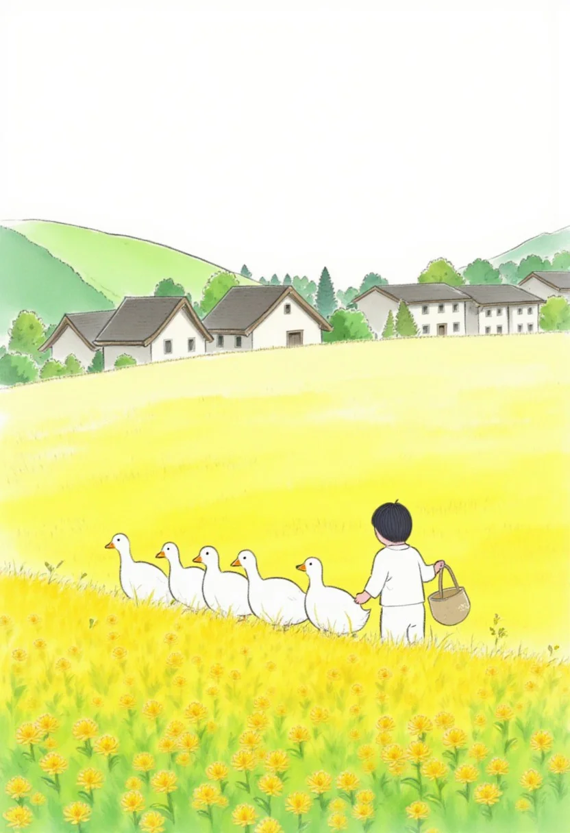 A peaceful pastoral scene featuring a vibrant yellow field of blooming flowers, with a line of white geese being led by a young person dressed in a simple white outfit, holding a net over their shoulder. In the background, a row of traditional countryside houses with curved roofs is set against soft green hills under a bright, clear sky. The artwork has a clean, illustrative style with a heartwarming, tranquil atmosphere. The composition emphasizes harmony, simplicity, and connection with nature.