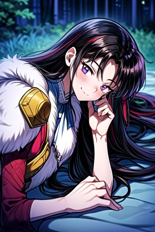 best quality 1girl Setsun4 solo long hair,  (night time) forest background black hair very long hair purple eyes multicolored hair armor, small, (fur trim) (medium body),<lora:EMS-179-EMS:0.800000>,<lora:EMS-293862-EMS:0.800000> bow, hair_bow, hair_tubes, red_bow, brown_hair, long_hair, bangs, ascot, frilled_bow, yellow_ascot, blush, smile, hair_between_eyes, athletic, armor, miko, ,(((intricate outfit,intricate clothes,embroidered outfit,ornate outfit,embroidered clothes,ornate clothes))), laying down, lying down