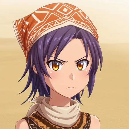 mana_sk style, portrait, focus on face, a strong-willed desert nomad girl with dark, windswept hair and deep amber eyes, wearing a headscarf decorated with tribal patterns, a determined expression with sand grains clinging to her skin, soft desert sunset casting warm shadows on her face, Japanese RPG style, adventurous and resilient atmosphere, intricate details on her headscarf and the sandy texture
