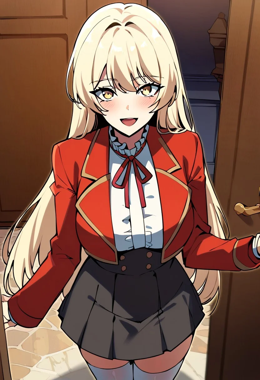 score_9, score_8_up, score_7_up, score_6_up, source_anime, rating_explicit, 1girl, solo, large breasts,<lora:Penia Elias Kroel prefectPonyxl:0.95> long hair, yellow eyes, blonde hair, hair intakes, red jacket, cropped jacket, long sleeves, red ribbon, neck ribbon, frilled shirt collar, white shirt, high-waist skirt, black skirt, pleated skirt, miniskirt, white thighhighs, looking at viewer, standing, <lora:opening-door-ponyxl-lora-nochekaiser:1>, opening door, pov doorway, doorway, door, open door, door handle, doorknob, entrance, walk-in, , pov, , smiling, blush, open mouth, , , cowboy shot, dutch angle, looking at viewer