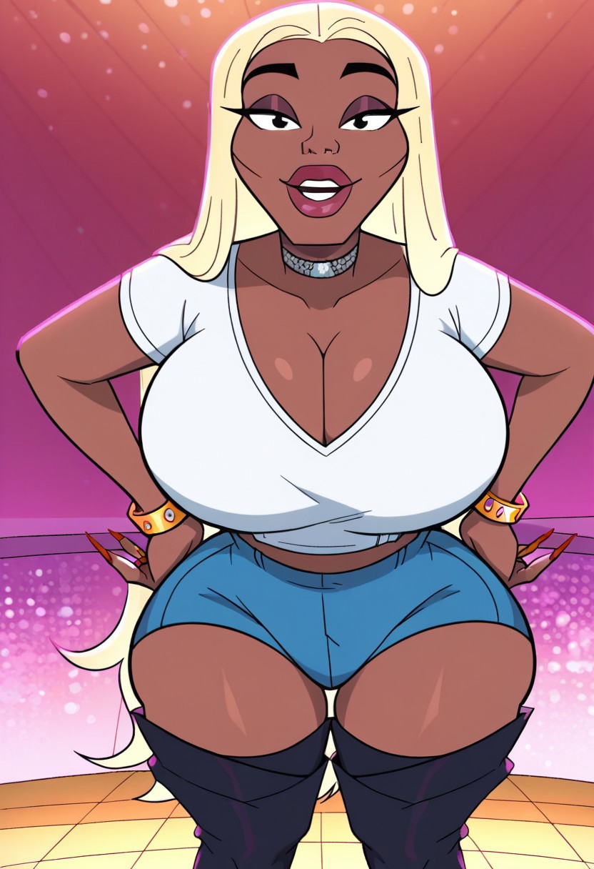 score_9, score_8_up, score_7_up,masterpiece,sole female,perfect face,perfect eyes,looking at viewer,show accurate ,1girl,solo,  Good Times style,red nails,blonde hair, fingernails, nail polish,makeup,  dark-skinned female, dark skin, hourglass figure,cheekbone
smile,open eyes,
front view,face focus,close upt,portrait,upper body only,face focus only
white shirt,crop top, thigh boots, cleavage, bracelet,blue shorts,high heels, high heel boots,thigh highs,
jewelry
huge breasts,round breasts,huge ass,round ass,, 
hands on hips