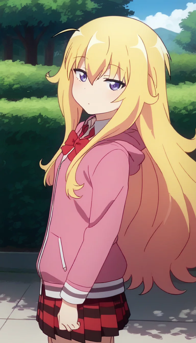 score_9,score_8_up,score_7_up,score_6_up BREAK official art,solo,outdoors,upper body,(portrait:1.5),looking at viewer,facing viewer,blush,sleepy,expressionless,deadpan,Gabriel Tenma White,ahoge,very long hair,blonde hair,messy hair,sidelocks,hair between eyes,bangs,purple eyes,half-closed eyes,pink hoodie,red bowtie,collared shirt,white shirt,small breasts,red skirt,pleated skirt,plaid skirt,black socks,uwabaki,<lora:Gabriel Tenma White(gd)-Pony:2>,