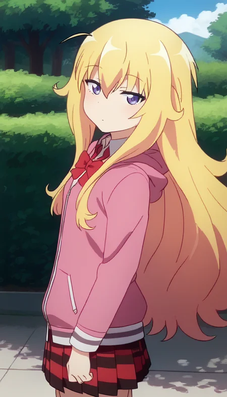 score_9,score_8_up,score_7_up,score_6_up BREAK official art,solo,outdoors,upper body,(portrait:1.5),looking at viewer,facing viewer,blush,sleepy,expressionless,deadpan,Gabriel Tenma White,ahoge,very long hair,blonde hair,messy hair,sidelocks,hair between eyes,bangs,purple eyes,half-closed eyes,pink hoodie,red bowtie,collared shirt,white shirt,small breasts,red skirt,pleated skirt,plaid skirt,black socks,uwabaki,<lora:Gabriel Tenma White(gd)-Pony:2>,