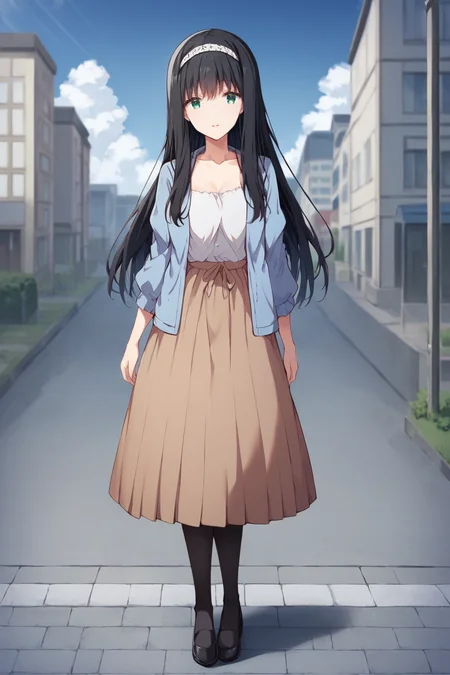 score_9, score_8_up, score_7_up, source_anime,
1girl, solo, looking at viewer, blurry background, outdoors, village, blue sky, cloud, buildings, light smile, parted lips, full body,
<lora:shiori_yomiuri_anime_v3-soralz:1>,
shiori yomiuri, black hair, long hair, sidelocks, white hairband, green eyes,
date outfit, blue cardigan, puffy sleeves, collarbone, white shirt, brown skirt, black pantyhose, black footwear,