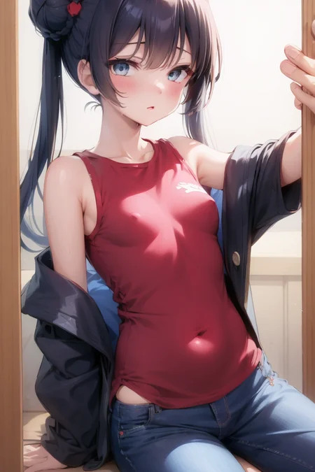 kisaki\(blue archive\),red t-shirt,jeans,pnone,selfie, <lora:Kisaki(BlueArchive):0.6>