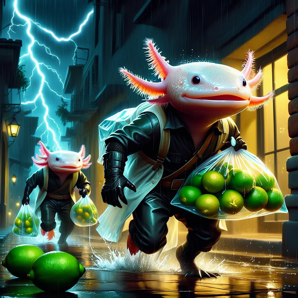 (masterpiece:1.5) <lora:Axomodel XL:0.6> 4xolotl, axolotl wearing bank robber outfits, cackling, running away with with clear plastic bags full of wet limes, stylized digital painting, dramatic lightning at night