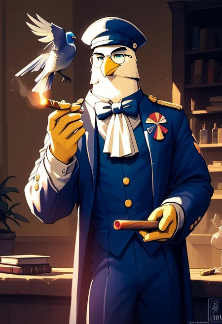 score_9, score_8_up, score_8, haze, bird, 1boy, uniform, male focus, solo, cigar, songbird,