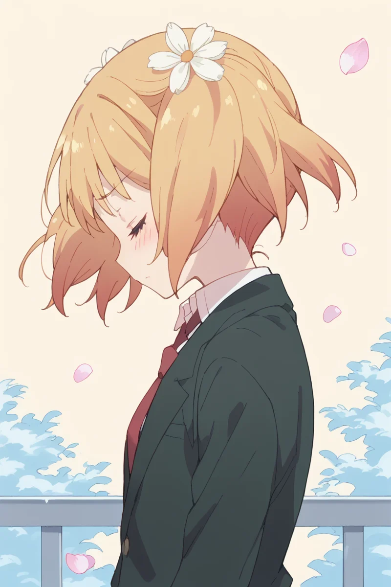 score_9, score_8_up, score_7_up, score_6_up,
<lora:Yuu_Sonoda:1> yuu, 1girl, hair flower, flower, hair ornament, closed eyes, blush, solo, blonde hair, school uniform, twintails, necktie, petals, short hair, profile, blazer