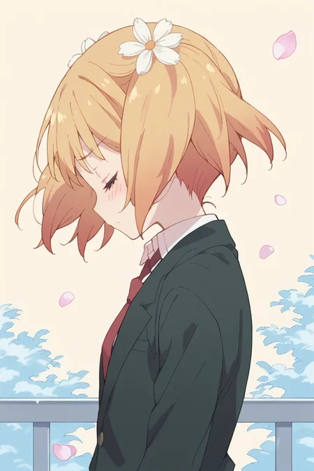 score_9, score_8_up, score_7_up, score_6_up,
<lora:Yuu_Sonoda:1> yuu, 1girl, hair flower, flower, hair ornament, closed eyes, blush, solo, blonde hair, school uniform, twintails, necktie, petals, short hair, profile, blazer