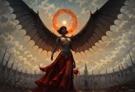 score_9, score_8_up, score_7_up, woman, black skin, intricate, gold trim, fringe, wings, otherworldly, ceremonial outfit, Crystaline Peaks, snake, vibrant, high contrast, (atmospheric perspective:1.4) <lora:sdxl/pony_freckledvixon_gothic_oil_style:0.7> d4rk01l <lora:sdxl/pony_summer_days_style:0.5>