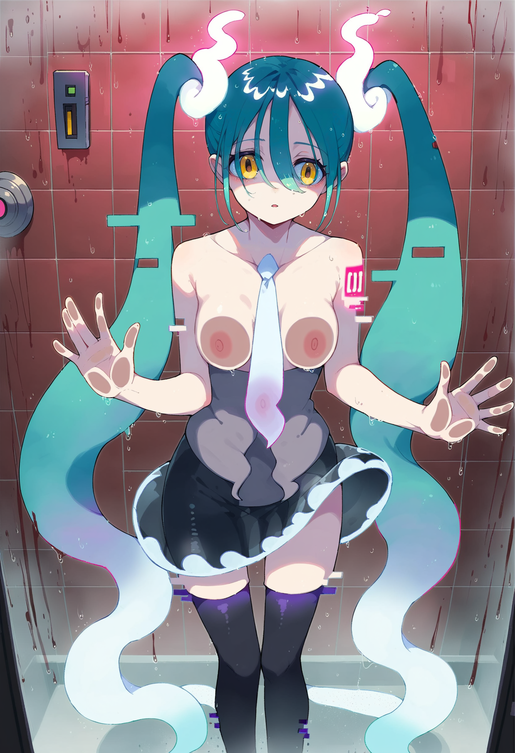 (score_9,score_8_up,score_7_up,score_6_up,score_5_up,score_4_up, source_anime:1.2), (contrasting colors, vivid colors, realistic:1.1),standing in shower, looking at viewer, full body, amazing artwork of (GhostMiku_PonyXL:1.3) , pale skin, yellow eyes, playful look, aqua hair, detailed eyes, necktie, thigh boots, (medium size breasts,adult:1.1), hitodama, (seethrough skirt, large areolas, exposed breasts, topless:1.1), zettai ryouiki, (wet, face and breasts pressed against glass:1.1), blue fire, aroused, steamy,
(inside shower, yellow neon theme, detailed background:1.2), <lora:GhostMiku_PonyXL_v10:1>,  <lora:add-detail-xl:1.2>,  <lora:xl_more_art-full_v1:1>
