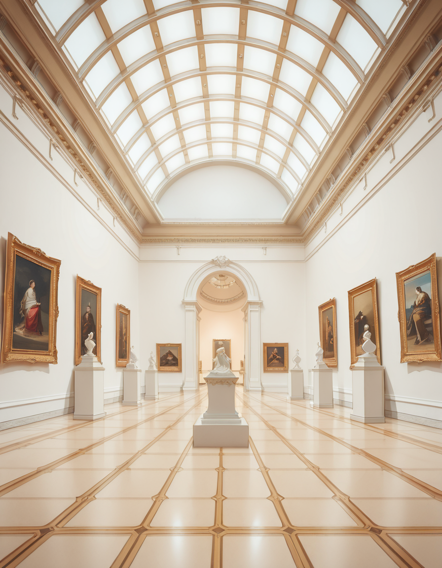 A high-resolution photograph of the interior of a grand art museum, featuring vast halls with high ceilings, intricate architectural details, and polished marble floors. The museum is illuminated by soft, natural light filtering through large arched windows, casting gentle shadows on the walls adorned with classical and modern paintings in ornate golden frames. In the center, a marble sculpture stands on a pedestal, surrounded by velvet ropes. Visitors walk around, some admiring the artwork, others engaged in quiet discussions. The atmosphere is serene and intellectual, with a warm color palette of beige, gold, and deep reds enhancing the elegance of the scene. The perspective is wide-angle, capturing the depth and scale of the museum, evoking a sense of awe and admiration.
<lora:SDXLFaeTastic2400:0.4> <lora:extremely_detailed:0.4> extremely detailed,art mus3um, <lora:art_mus3um-i:1>, Masterpiece,best quality,hi res,8k,hi res,8k,award winning,(sharp focus, intricate, highly detailed),