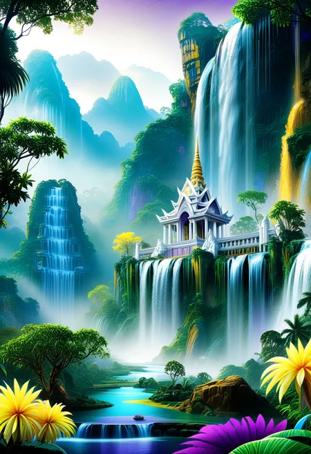beautiful realistic. Palace level design sense and delight the eye. The design color is blue, yellow, green, purple and white.
perfection style, vivid colors, colorful, vivid background, midjourneyv6.1, waterfall, mountains, thailand, jungle, fantasy art deco, Landscape