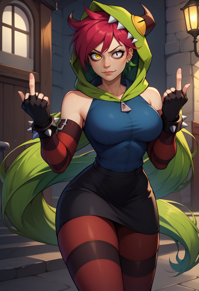 score_9, score_8_up, score_7_up, BREAK,  <lora:demenciaXL:1> demenciaXL, 1girl, solo, long hair, breasts, looking at viewer, black skirt, large breasts, gloves, bare shoulders, jewelry, yellow eye, black eye, pantyhose, red hair, green hair, hood, heterochromia, fingerless gloves, bracelet, two-tone hair, hoodie, piercing, spikes, spiked bracelet,thighhighs,  middle fingers