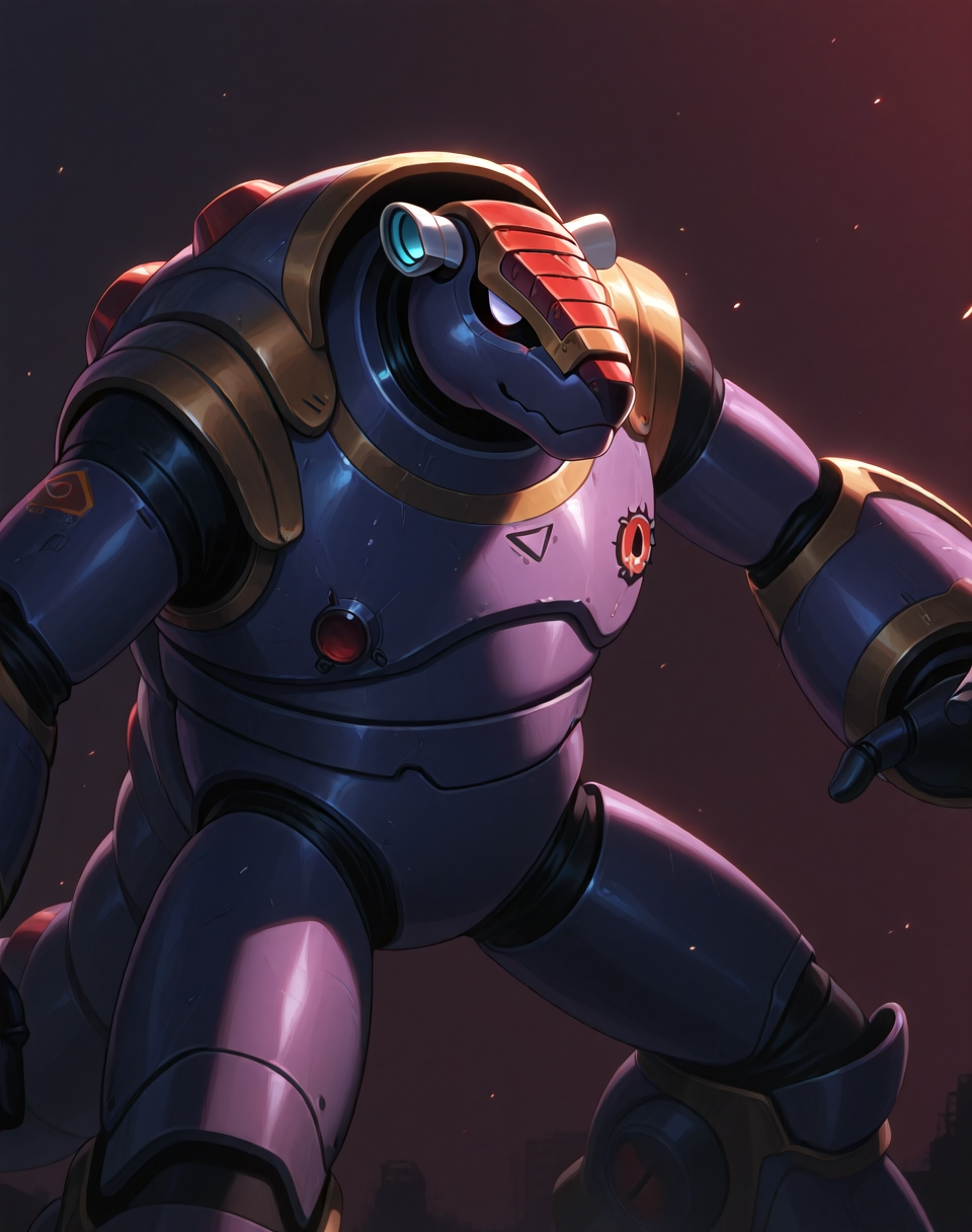<lora:Armored_Armadillo_(Mega_Man_X)_(Illustrious)_(AD):1> Armored Armadillo, reploid, MMX, 
((
exterior, anime style mine background with spacious open space, heavy industry, 
)), 
male focus, intense shadows, dynamic shadows, intricate details, attention to details, gradient coloring, robot, 
BREAK very awa, masterpiece, best quality, amazing quality, very aesthetic, highres, absurdres, 
EZRealPONYXL, zPDXL, Smooth Quality, lazynsfw,