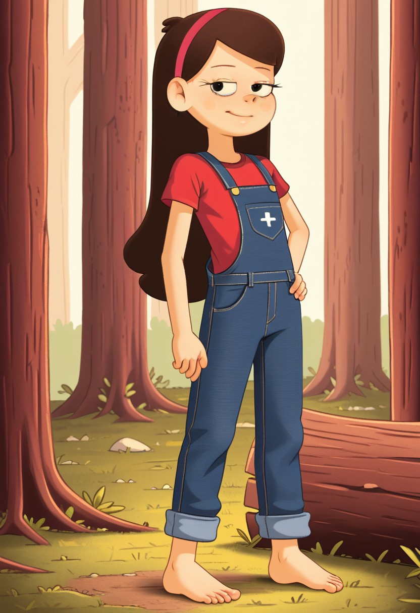 Well drawn, bold outline,
2d, vector, line, detailed, perfect hands,
gravity falls, mabel pines,
Long hair, brown hair, pink hairband, 
Shorty, skinny, undersized, thin, petite, flat chested, 
Half closed eyes,
brown eyes, eyelashes, snake eyes. 
Fit brawny body,
Muscular, 
denim overalls,
red sports top.,
barefoot, on tiptoes, parted legs, shacking ass dance, strip tease dance,