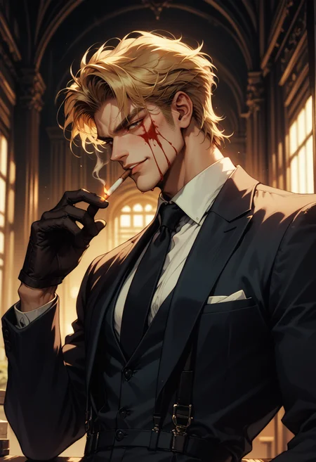 (score_9, score_8_up), score_7_up,
manly, 1boy, older male, tsurime, blonde, smirking, rugged, hands up, side view, older male, suspenders, necktie, collared shirt, blurry, black jacket, formal, suit, black necktie, dark room, bloody mess, black gloves, side look, cigarette in mouth, intricate details, retro  <lora:nostalgia-000011:0.5>