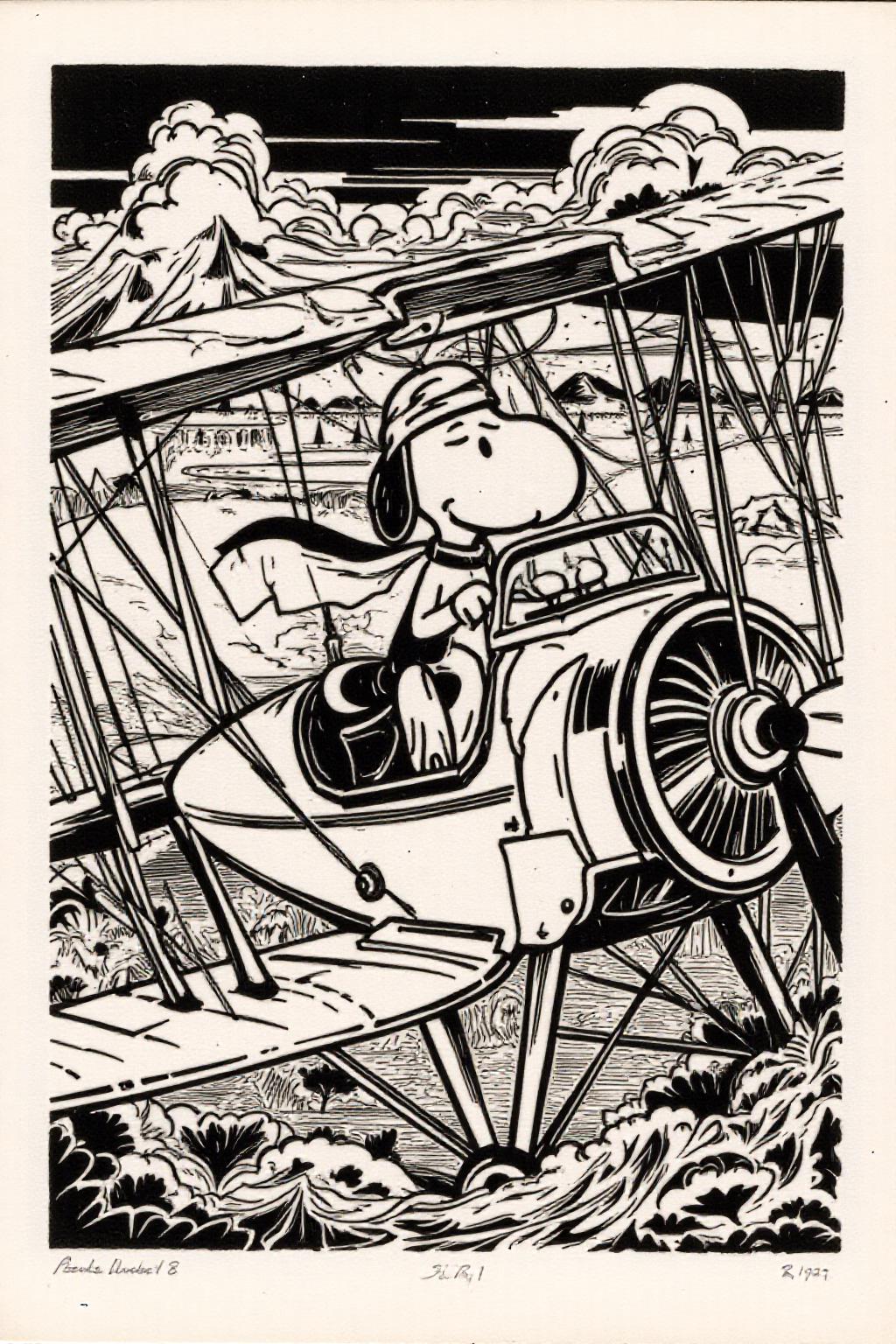 k1ooster black and white drawing of Snoopy piloting a Sopwith Camel WW1 biplane <lora:Klooster.Border.D8A4.R15E10.ep10:1.0> <lora:Flux-Sch-SingleBlocks-BF16:1.0><lora:796082316129771640:0>