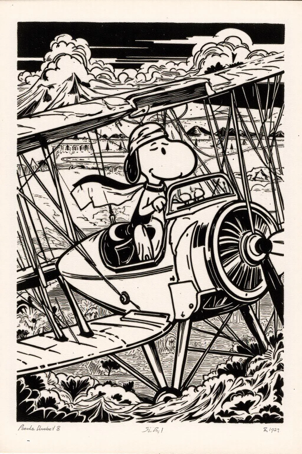 k1ooster black and white drawing of Snoopy piloting a Sopwith Camel WW1 biplane <lora:Klooster.Border.D8A4.R15E10.ep10:1.0> <lora:Flux-Sch-SingleBlocks-BF16:1.0><lora:796082316129771640:0>