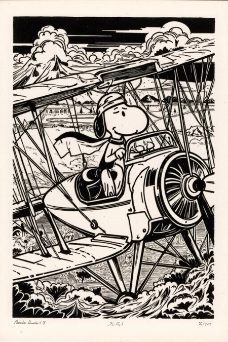 k1ooster black and white drawing of Snoopy piloting a Sopwith Camel WW1 biplane <lora:Klooster.Border.D8A4.R15E10.ep10:1.0> <lora:Flux-Sch-SingleBlocks-BF16:1.0><lora:796082316129771640:0>