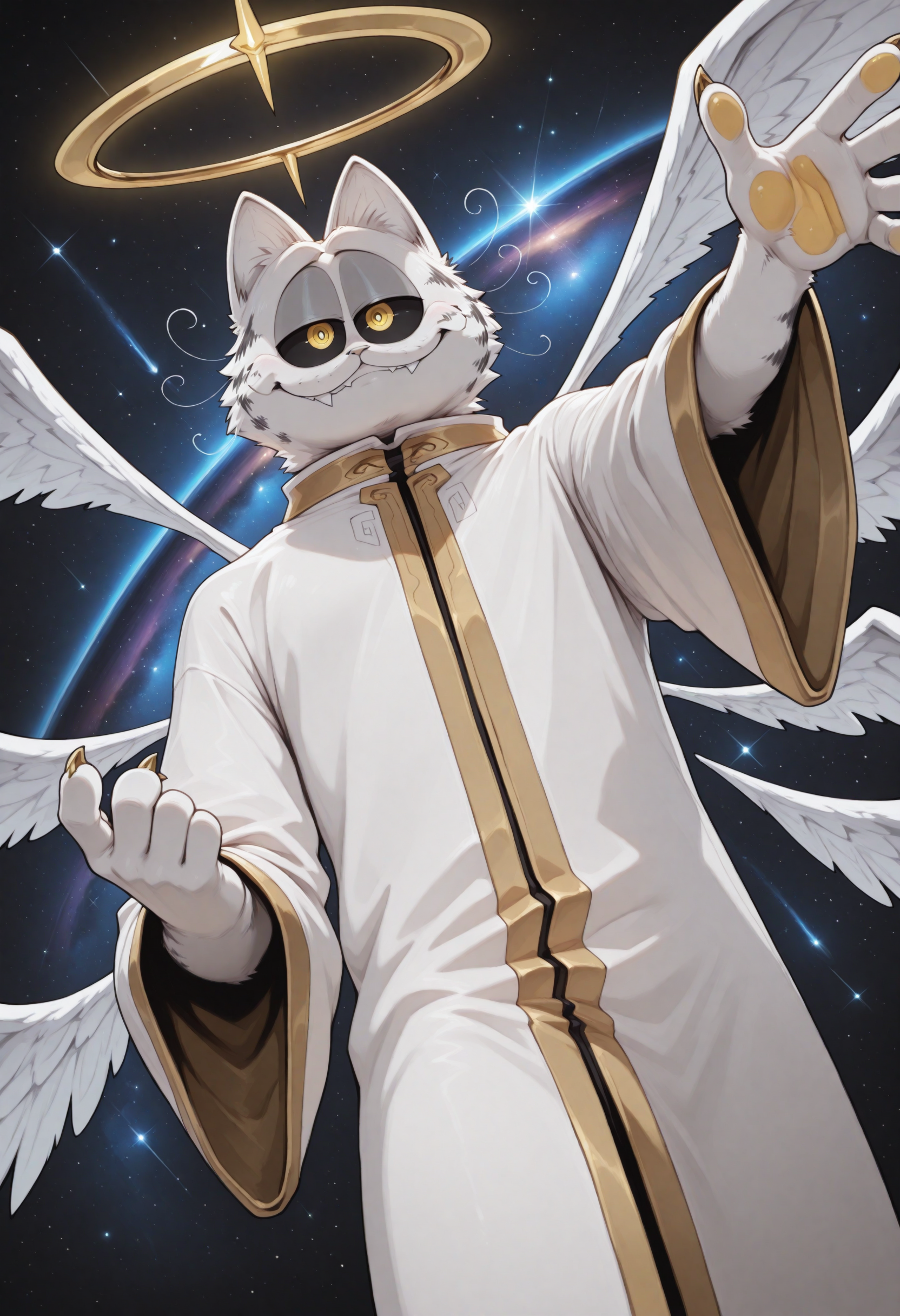 <lora:godfield_v3_Illustrious_Mlaofmd-10:1.0>, masterpiece, best quality, newest, absurdres, highres, perfect anatomy, 1boy, godfield, halo, white fur, facial tuft, cat ears, black sclera, yellow eyes, whiskers, wings, seraph, white wings, robe, white robe, smile, fangs, raising arm, dutch angle, galaxy, starry, space,