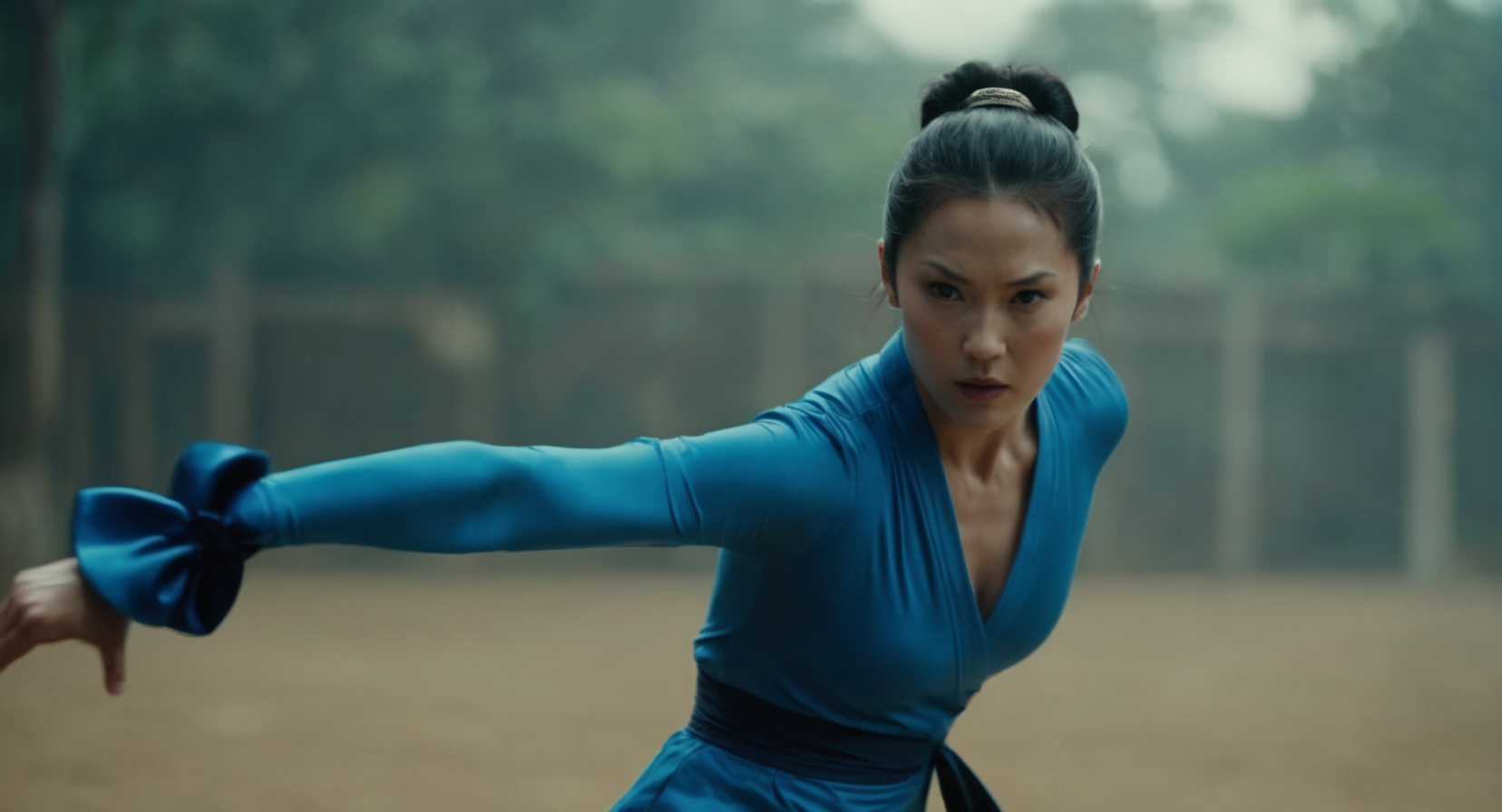 cinematic film still of  Cinematic Film stock footage in (arri alexa style) Kodak film print,   <lora:chun li:1> Chun-Li a woman in a blue outfit kicking a kick, shallow depth of field, vignette, highly detailed, high budget, bokeh, cinemascope, moody, epic, gorgeous, film grain, grainy