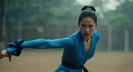 cinematic film still of  Cinematic Film stock footage in (arri alexa style) Kodak film print,   <lora:chun li:1> Chun-Li a woman in a blue outfit kicking a kick, shallow depth of field, vignette, highly detailed, high budget, bokeh, cinemascope, moody, epic, gorgeous, film grain, grainy