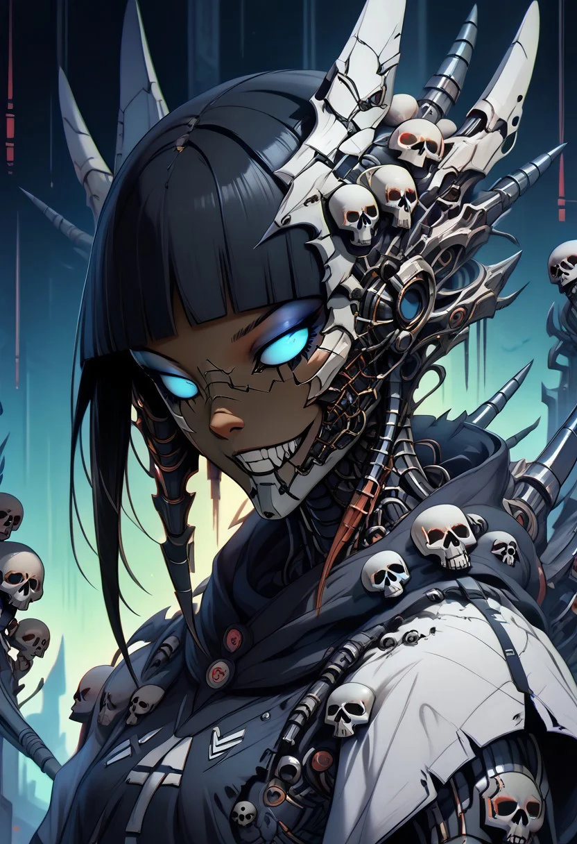 made of skulls, mcnm, EskaPXL, sinozick style, score_9, score_8_up, score_7_up, score_6_up, detailed drawing, 1girl, solo, Eska (Avatar), perfect face, dominant smile, sat upon a throne of skulls, cross legged.
alien, robot, insect, furry, hybrid, exoskeleton, bio-armour, claws, spikes, quills, cybernetics,
black hair, dark-skinned female, dark skin, bangs, blunt bangs, sidelocks, blue eyes, eyeliner, makeup,
